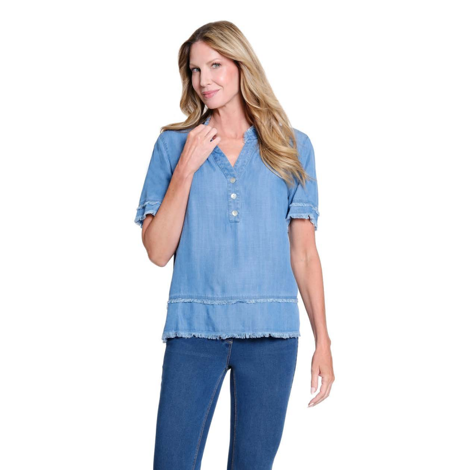 Multiples Light Indigo button-front blouse featuring a band collar and a decorative double fringe hem.