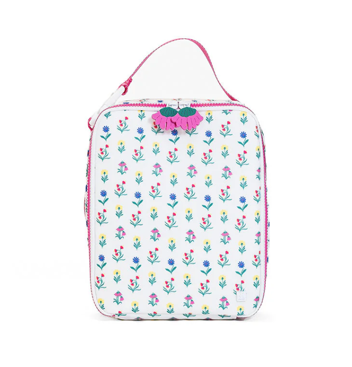 TRVL Design insulated lunch box bag featuring the vibrant Wild Flower floral print layout with a top buckle handle.