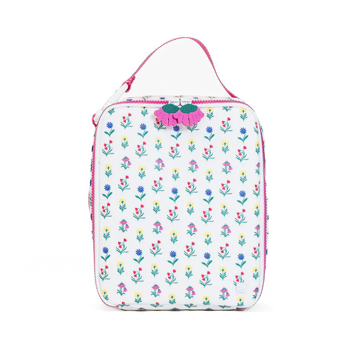 TRVL Design insulated lunch box bag featuring the vibrant Wild Flower floral print layout with a top buckle handle.