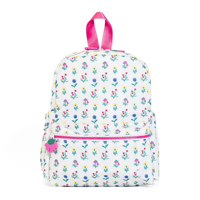 TRVL Design Mini Backer small kids backpack featuring the vibrant Wild Flower floral print layout.