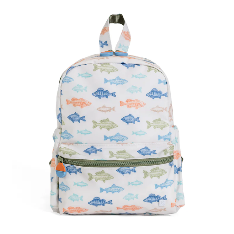 TRVL Design Mini Backer small kids backpack featuring the whimsical Casting Call sea fish print layout.