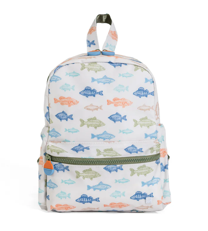 TRVL Design Mini Backer small kids backpack featuring the whimsical Casting Call sea fish print layout.