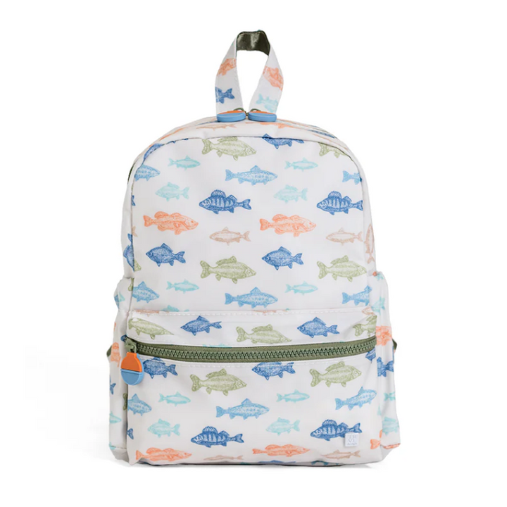 TRVL Design Mini Backer small kids backpack featuring the whimsical Casting Call sea fish print layout.
