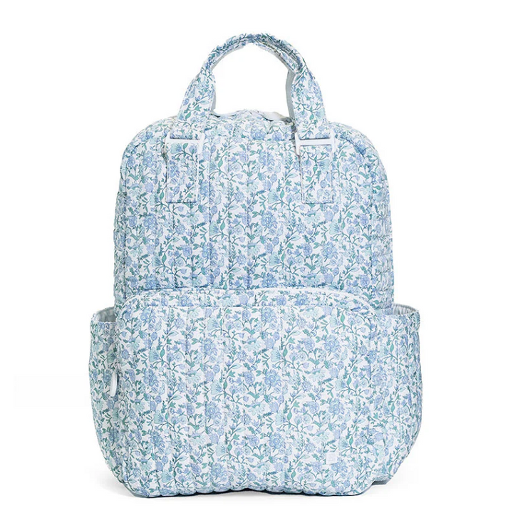 TRVL Design Quilted Roadie medium cosmetic zip pouch bag featuring a blue and white Hamptons Floral pattern.