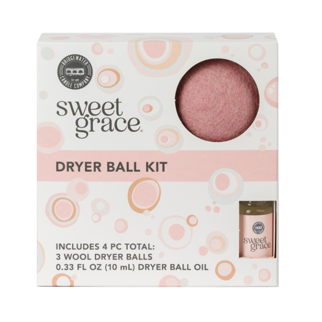 Bridgewater Sweet Grace Wool Dryer Ball Kit packaging showing the scented laundry balls and fragrance oil bottle.