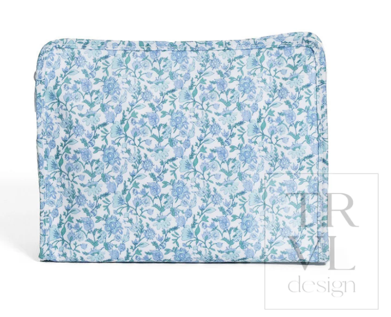 TRVL Design Roadie Large Zip Pouch in Hamptons Floral print highlighting its flat cosmetic silhouette and secure zippered closure.