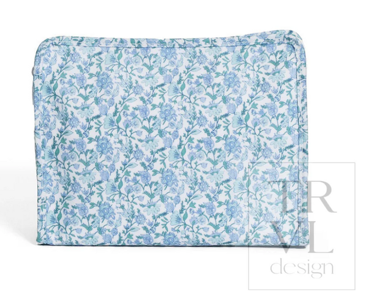 TRVL Design Roadie Large Zip Pouch in Hamptons Floral print highlighting its flat cosmetic silhouette and secure zippered closure.