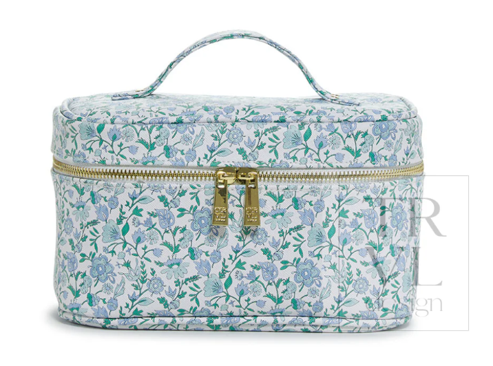 TRVL Design Luxe Train 2 Cosmetic Case in Hamptons Floral print highlighting its large structured zippered shape and travel beauty storage design.