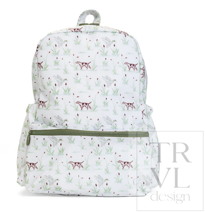 TRVL Design Backpacker Backpack in The Hunt print highlighting its spacious zip compartments and wildlife outdoor pattern.