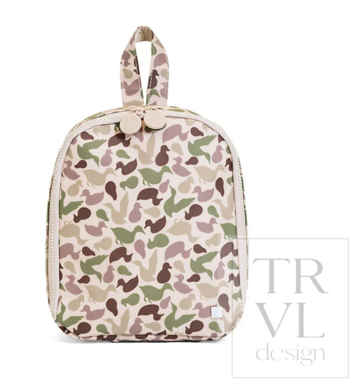 TRVL Design Bring It Lunch Bag in Decoy Camo print highlighting its insulated dual-handle structure and zippered closure.