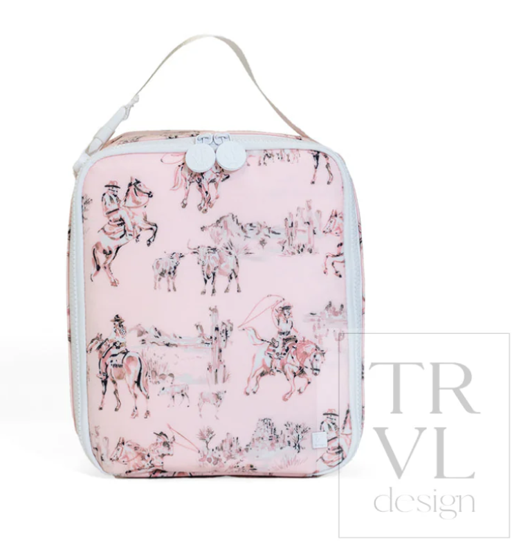TRVL Design Lunch Box Insulated Lunch Bag in Cowgirl Toile print highlighting its structured shape, top handle, and zippered closure.