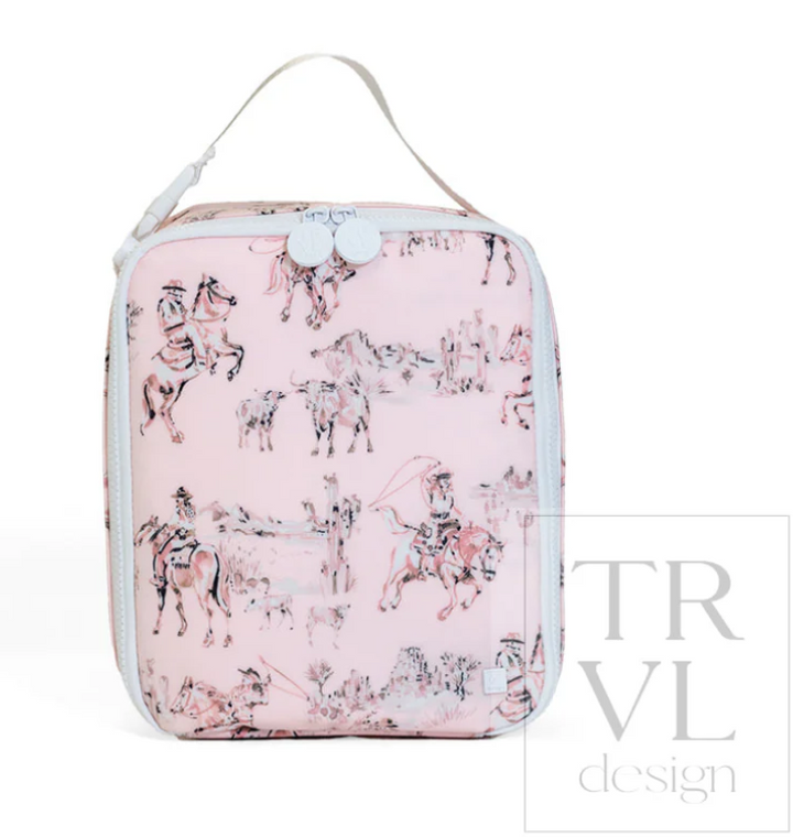 TRVL Design Lunch Box Insulated Lunch Bag in Cowgirl Toile print highlighting its structured shape, top handle, and zippered closure.