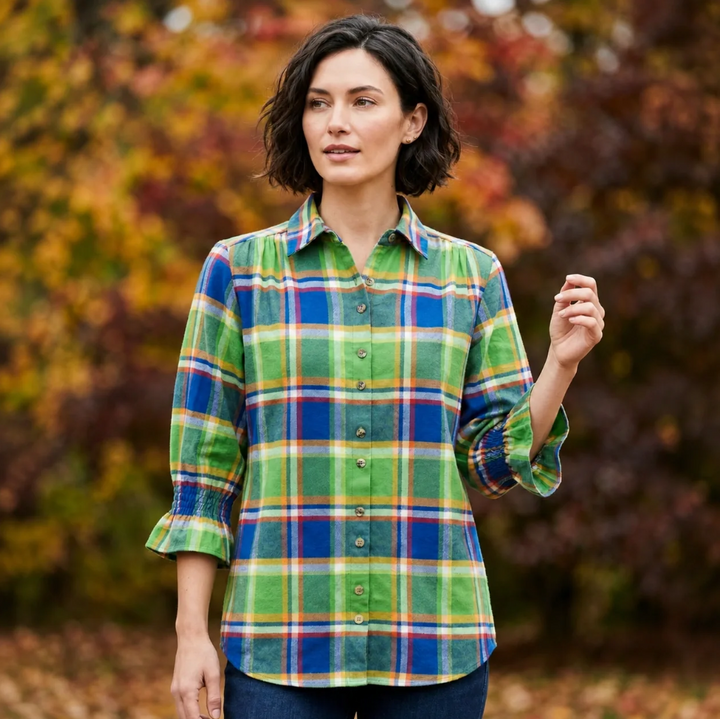 Toofan Smocking Sleeve Plaid Shirt in a bright lime green pattern, featuring a button-front closure and smocked flared cuffs.