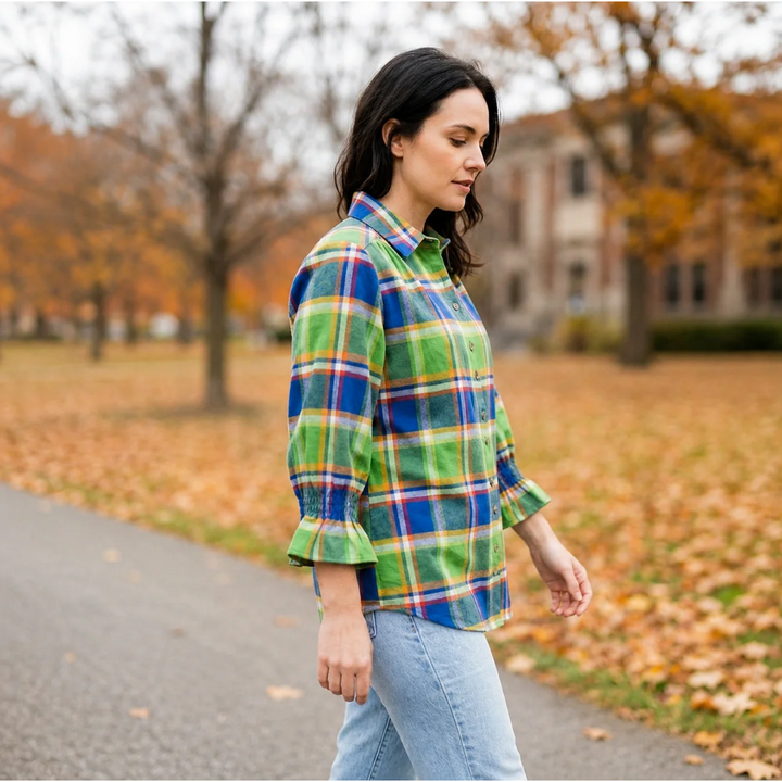 Toofan Smocking Sleeve Plaid Shirt in a bright lime green pattern, featuring a button-front closure and smocked flared cuffs.