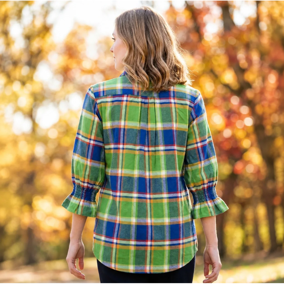 Toofan Smocking Sleeve Plaid Shirt in a bright lime green pattern, featuring a button-front closure and smocked flared cuffs.