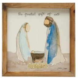 Square Fir Wood Framed Wall Decor w/ Christmas Saying &amp; Scene, Multi Color, 4 Styles