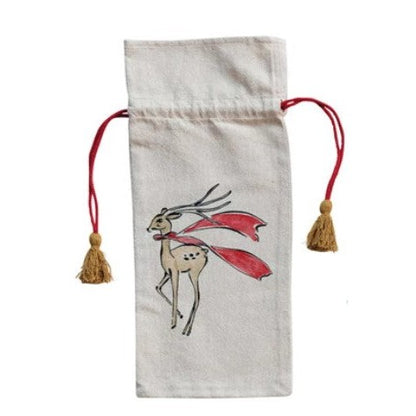 Cotton Chambray Printed Drawstring Wine Bag w/ Tassels, 4 Styles