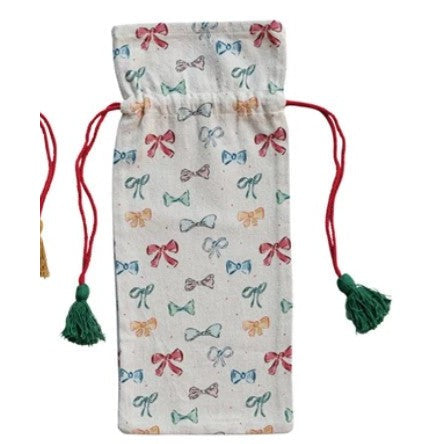 Cotton Chambray Printed Drawstring Wine Bag w/ Tassels, 4 Styles