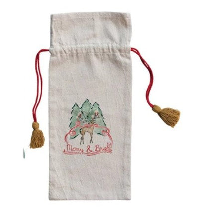 Cotton Chambray Printed Drawstring Wine Bag w/ Tassels, 4 Styles