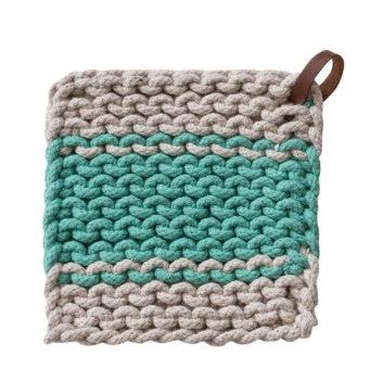 Creative Co-Op Cotton Crocheted Pot Holder with Leather Loop