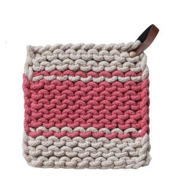 Creative Co-Op Cotton Crocheted Pot Holder with Leather Loop