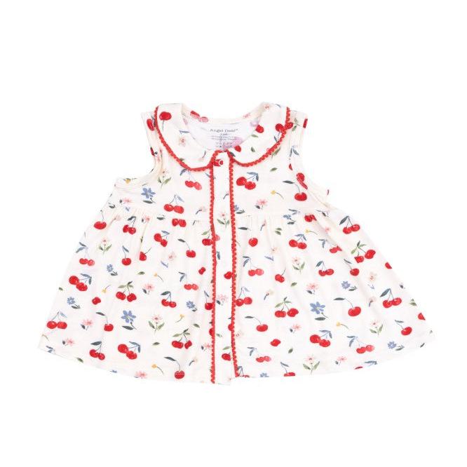 The Jill Peter Pan Button Front Dress with Ric Rac Trim and Diaper Cover - Watercolor Cherries + Gingham