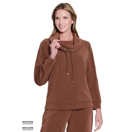 Cuffed Long Sleeve Ragland Drawstring Cowl Collar Top - Chocolate