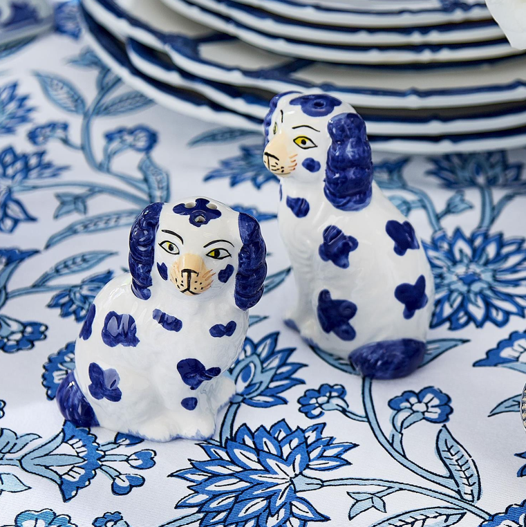 Staffordshire Dog Salt and Pepper Shaker Set - Hand-Painted Blue &amp; White Ceramic