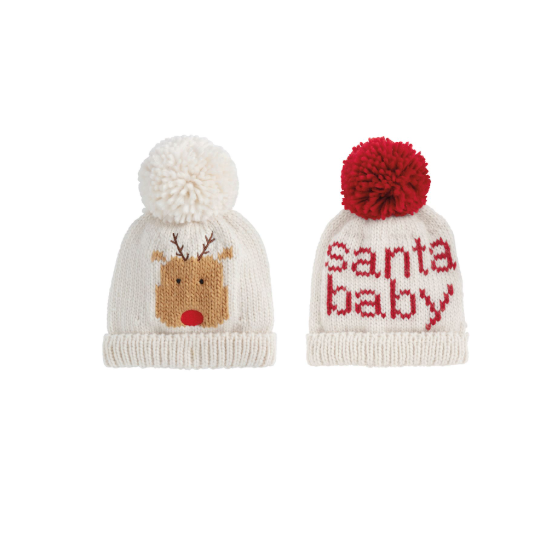 Mud Pie chunky knit baby hats featuring a yarn pom topper, available in Reindeer and Santa Baby designs.