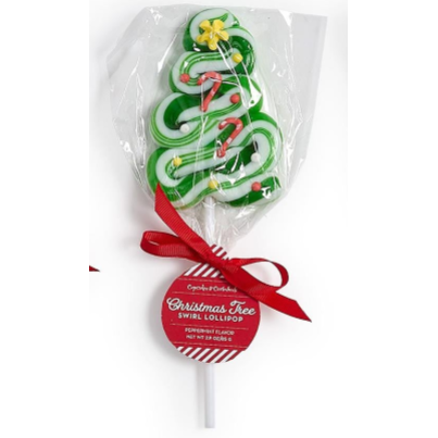 Two's Company Christmas Tree Swirl Lollipop in festive holiday colors with icing decorations.