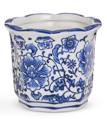 RAZ 4" Mini Blue and White Pots featuring a floral chinoiserie design.
