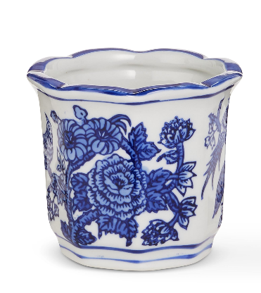 RAZ 4" Mini Blue and White Pots featuring a floral chinoiserie design.