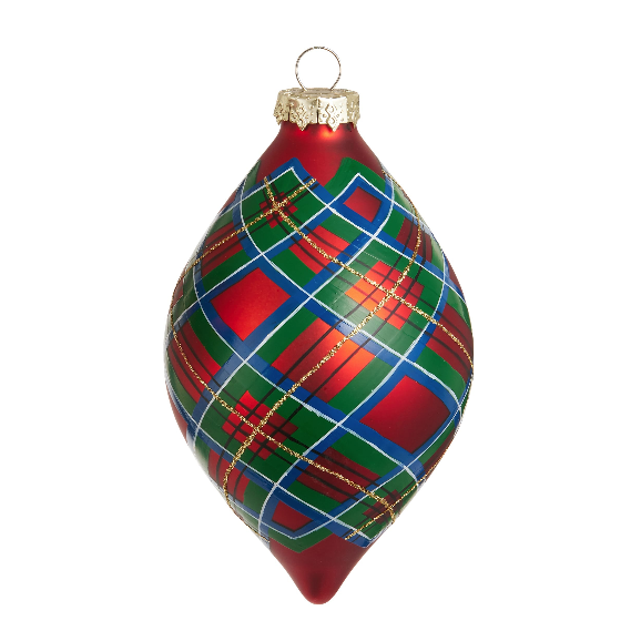 RAZ 4" Plaid Ornament featuring a festive red, green, and blue plaid glass design.