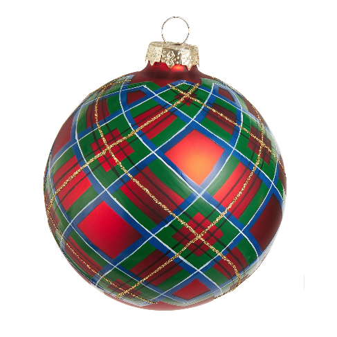 RAZ 4" Plaid Ornament featuring a festive red, green, and blue plaid glass design.
