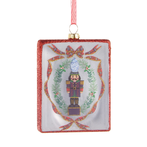 RAZ 4.5" Noble Nutcracker Rectangle Ornament featuring a classic nutcracker design on crafted glass.