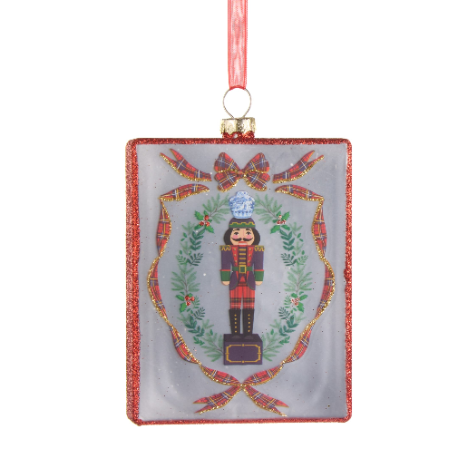RAZ 4.5" Noble Nutcracker Rectangle Ornament featuring a classic nutcracker design on crafted glass.