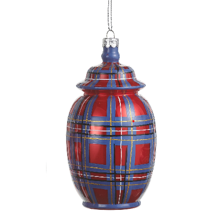 RAZ 5" Dressed in Plaid Chinoiserie Ornament featuring an elegant plaid design on a glass finial.