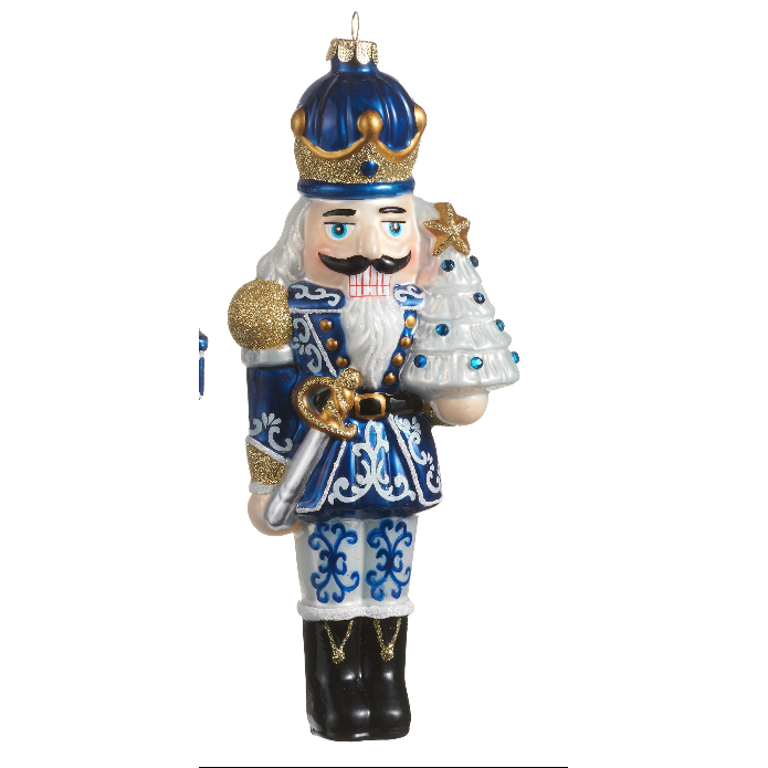 RAZ 8.25" Chinoiserie Nutcracker Ornament featuring an elegant blue and white glass design.