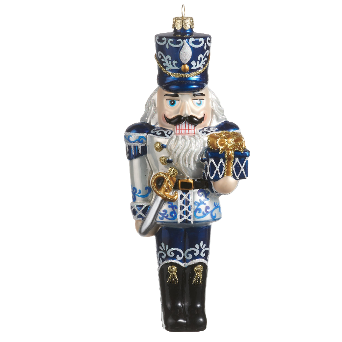 RAZ 8.25" Chinoiserie Nutcracker Ornament featuring an elegant blue and white glass design.