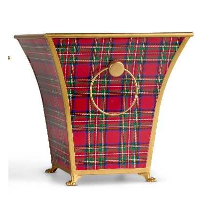 RAZ Plaid Cache Pot featuring a classic red and green plaid pattern on a conical iron design.