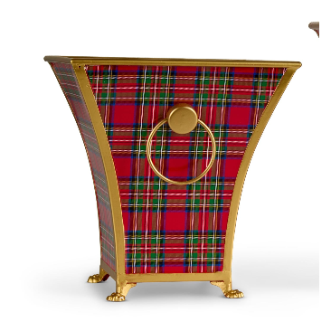 RAZ Plaid Cache Pot featuring a classic red and green plaid pattern on a conical iron design.