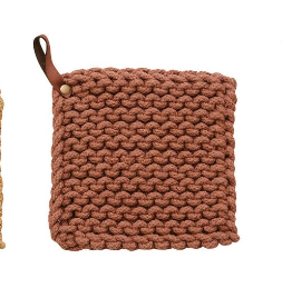 Creative Coop Cotton Crocheted Pot Holder w/ Leather Loop