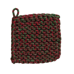 Creative Coop Melange Cotton Crocheted Pot Holder in red, green, and brown melange designs.