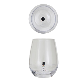 Creative Coop stemless wine glass featuring a miniature glass Snowman figure inside.