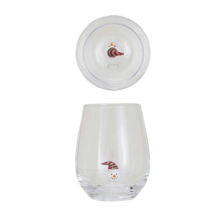 Creative Coop stemless wine glass featuring a miniature glass Santa figure inside.