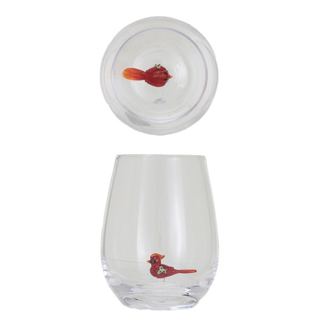 Creative Coop stemless wine glass featuring a miniature glass Cardinal figure inside.