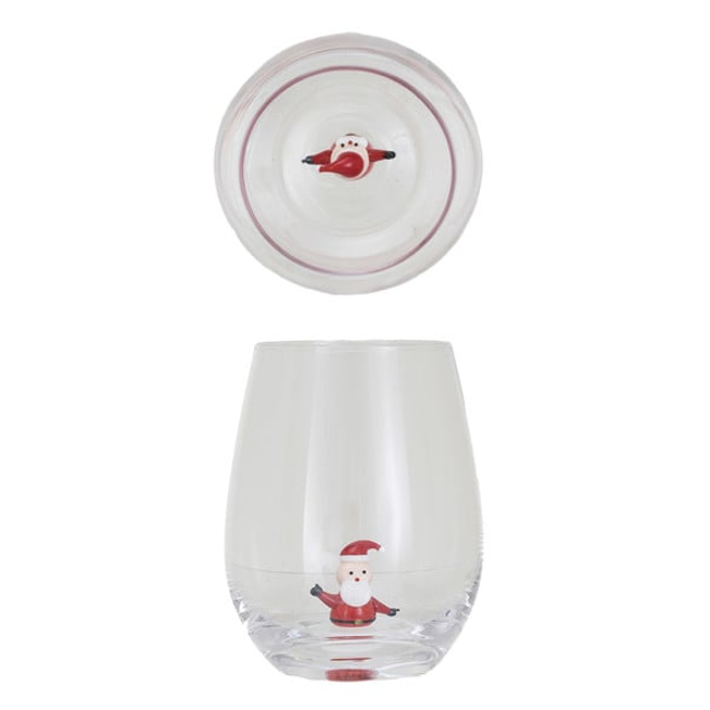 Creative Coop stemless wine glass featuring a miniature glass Santa figure inside.
