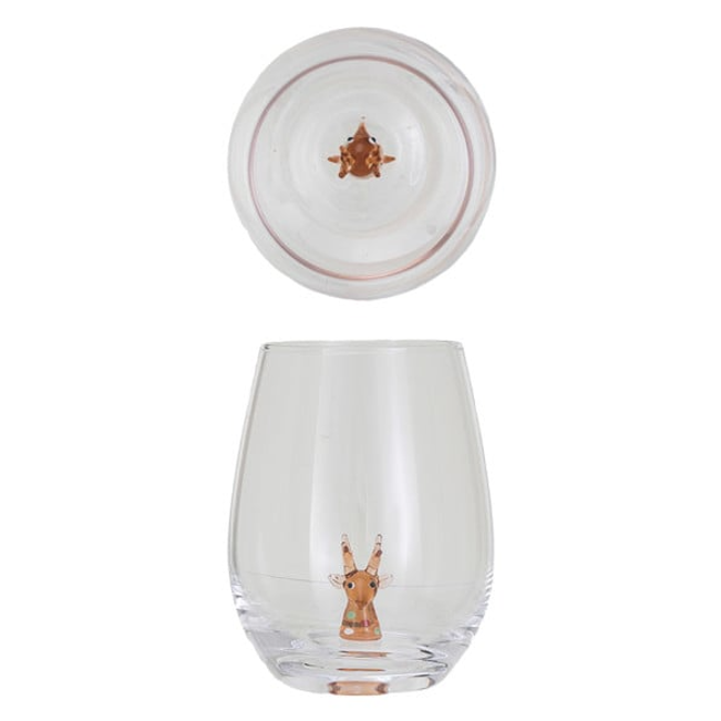 Creative Coop stemless wine glass featuring a miniature glass Reindeer figure inside.