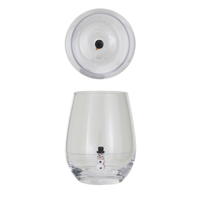 Creative Coop stemless wine glass featuring a miniature glass Snowman figure inside.