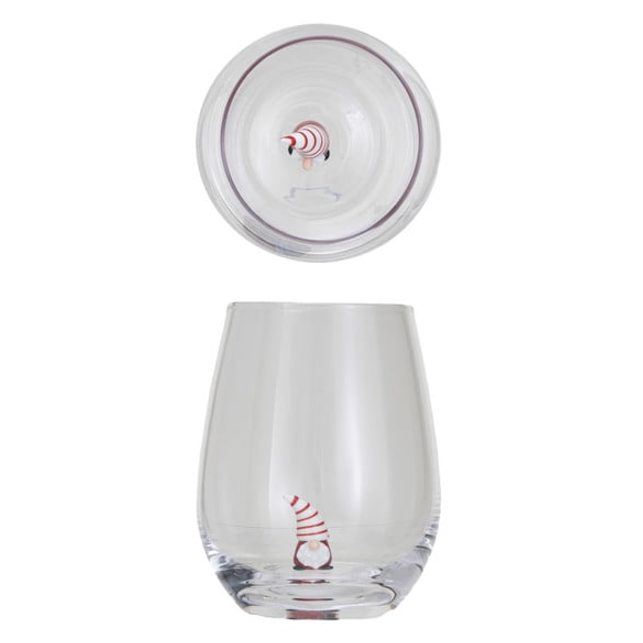 Creative Coop stemless wine glass featuring a miniature glass Gnome figure inside.